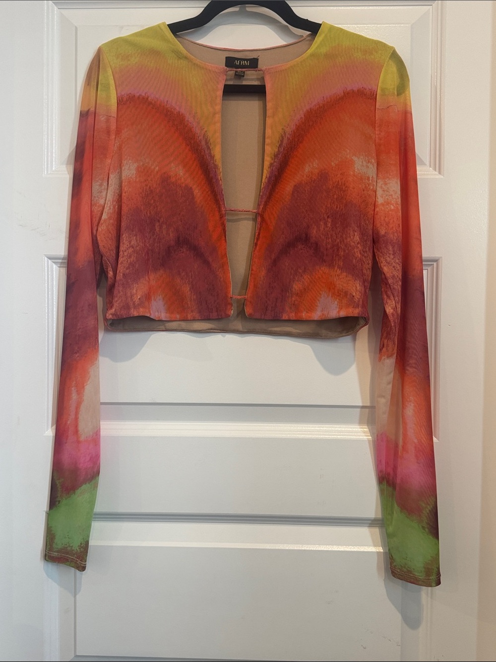 AFRM Tie-Dye Cropped Cut Out Mesh Sleeve Top in Orange, Pink & Green Gradient